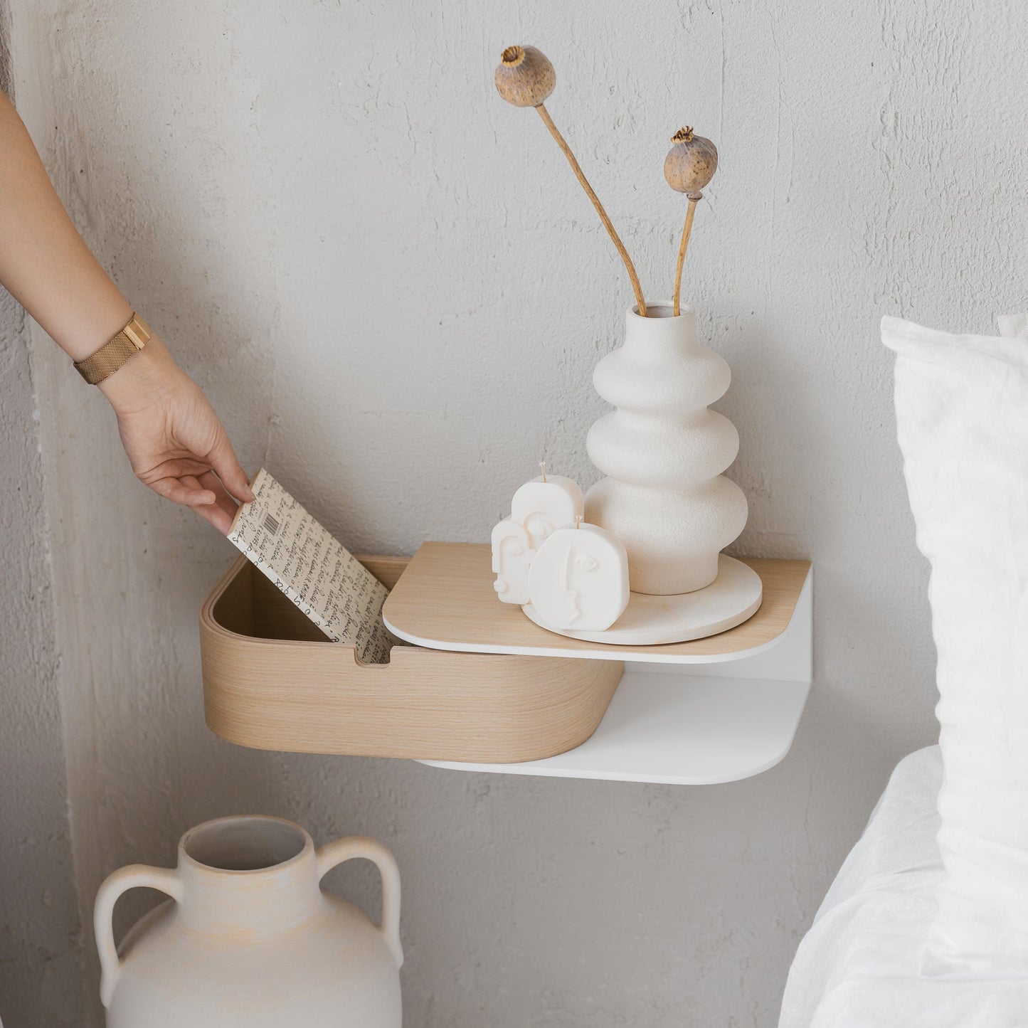 Big mounted bedside wooden nightstand, Scandinavian home interior stone shelf-3