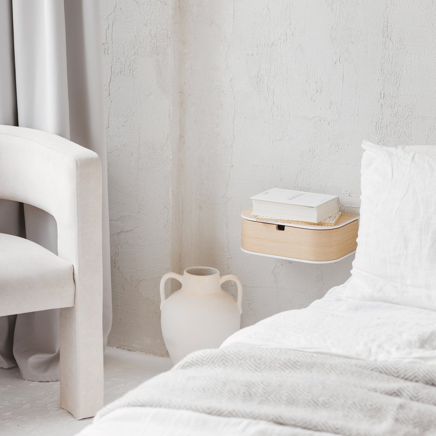 Big mounted bedside wooden nightstand, Scandinavian home interior stone shelf-2