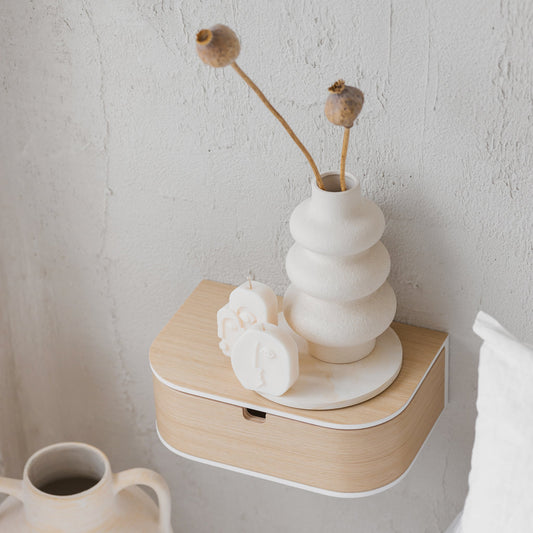 Big mounted bedside wooden nightstand, Scandinavian home interior stone shelf-0