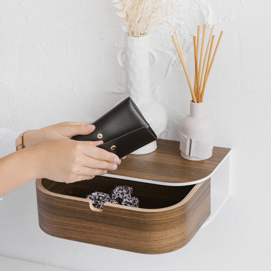 Big mounted bedside wooden nightstand, Scandinavian home interior stone shelf-1